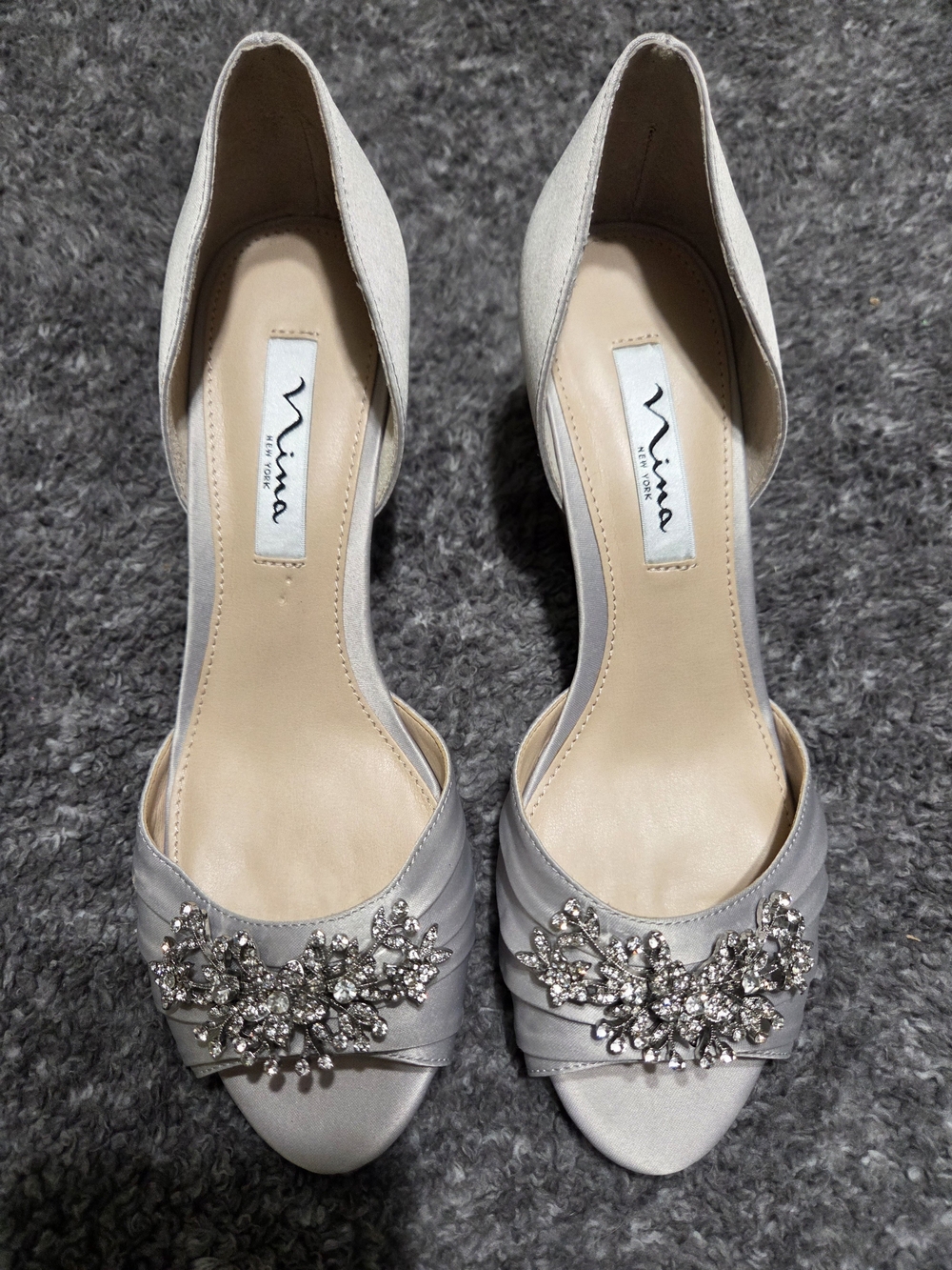 Nina Silver Crystal-Embellished Open-Toe D'Orsay Heels